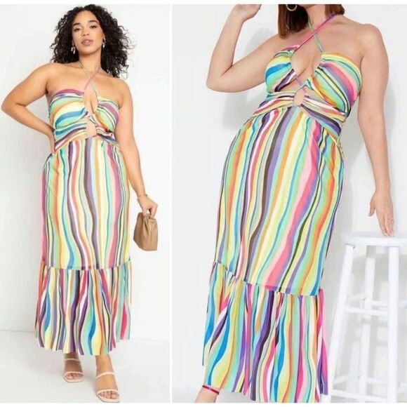 Eloquii Rainbow Striped Halter Neck Strappy Cut Out Maxi Dress NWOT - Picture 1 of 4